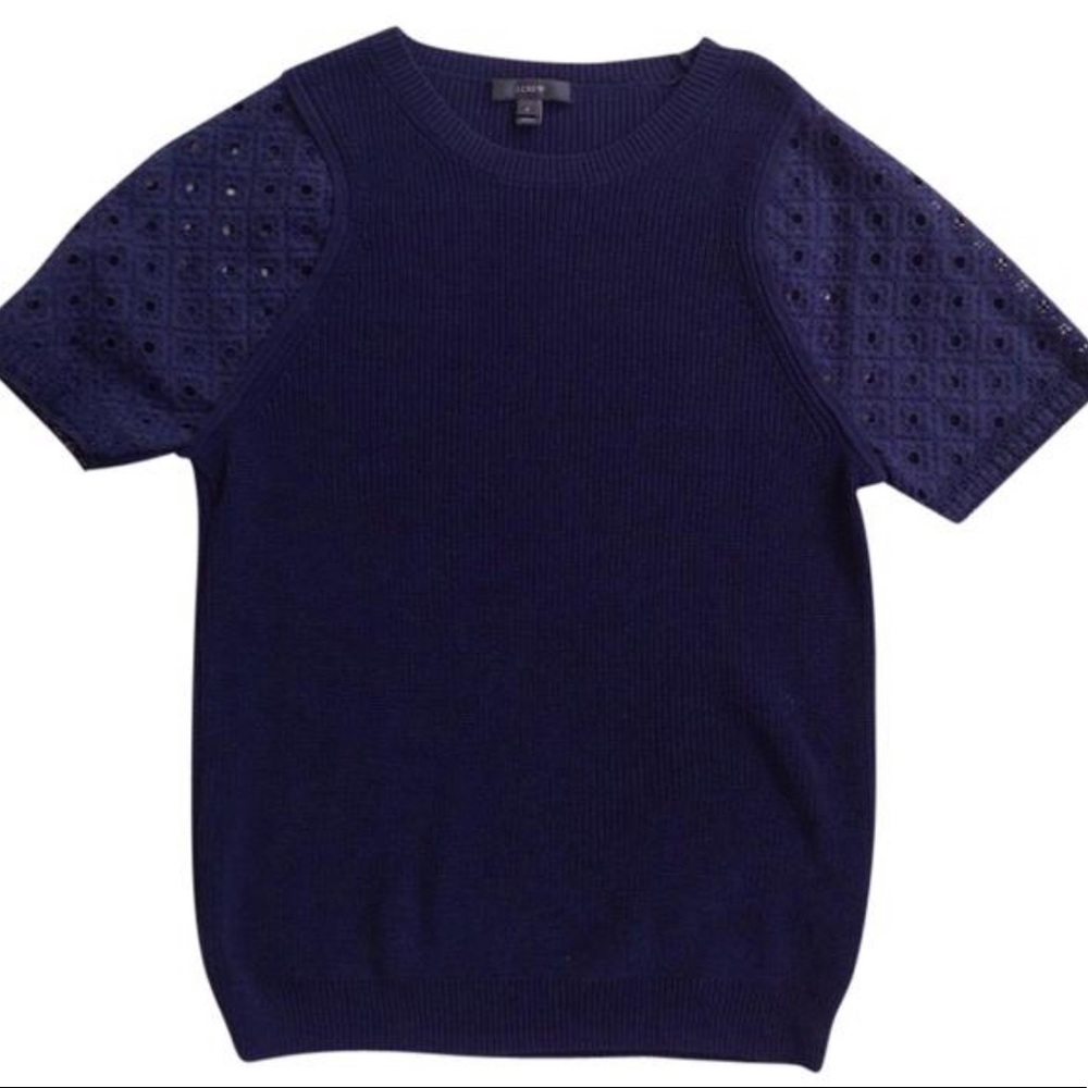 J.CREW Women's Eyelet Lace Sleeve Cotton Knit Navy Short Sleeve Sweater Small